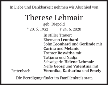 Todesanzeige von Therese Lehmair von merkurtz