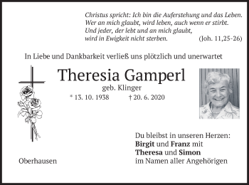 Todesanzeige von Theresia Gamperl von merkurtz