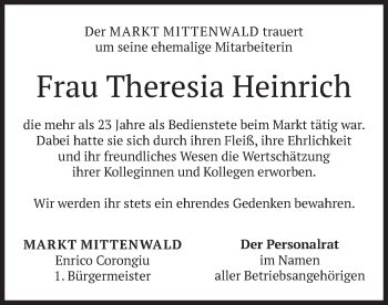 Todesanzeige von Theresia Heinrich von merkurtz