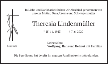 Todesanzeige von Theresia Lindenmüller von merkurtz