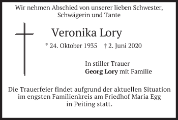 Todesanzeige von Veronika Lory von merkurtz