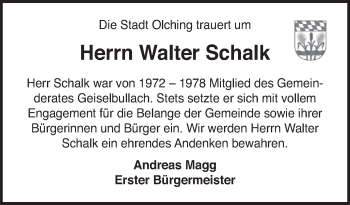 Todesanzeige von Walter Schalk von merkurtz