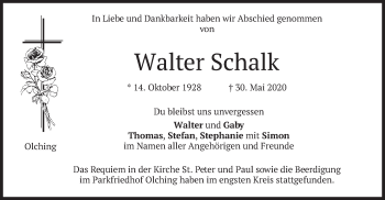 Todesanzeige von Walter Schalk von merkurtz