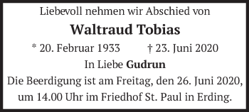 Todesanzeige von Waltraud Tobias von merkurtz