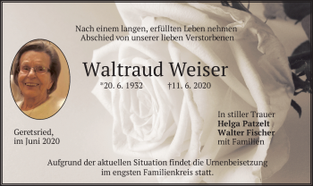 Todesanzeige von Waltraud Weiser von merkurtz