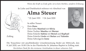 Todesanzeige von Alma Steuer von merkurtz