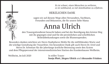 Todesanzeige von Anna Ulrich von merkurtz