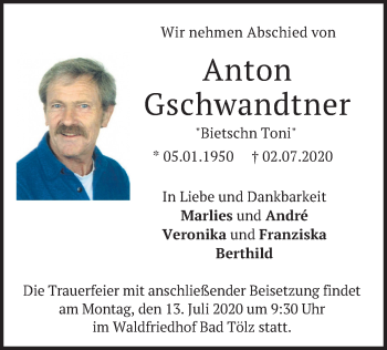 Todesanzeige von Anton Gschwandtner von merkurtz