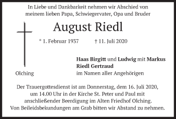 Todesanzeige von August Riedl von merkurtz