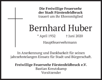 Todesanzeige von Bernhard Huber von merkurtz