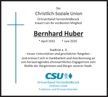 Todesanzeige von Bernhard Huber von merkurtz