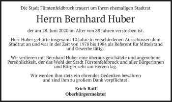 Todesanzeige von Bernhard Huber von merkurtz