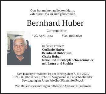 Todesanzeige von Bernhard Huber von merkurtz