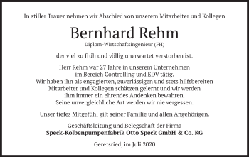 Todesanzeige von Bernhard Rehm von merkurtz