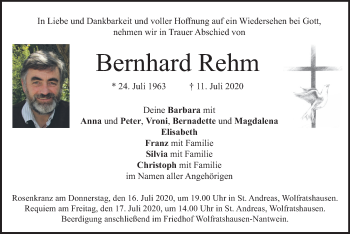 Todesanzeige von Bernhard Rehm von merkurtz