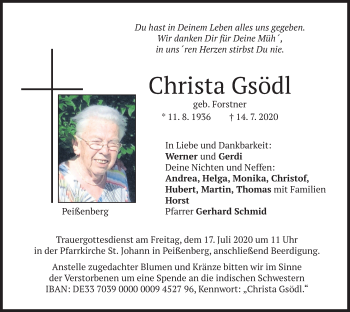 Todesanzeige von Christa Gsödl von merkurtz