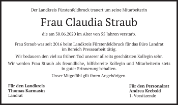 Todesanzeige von Claudia Straub von merkurtz