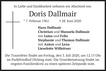 Todesanzeige von Doris Dallmair von merkurtz