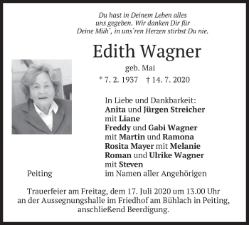 Todesanzeige von Edith Wagner von merkurtz