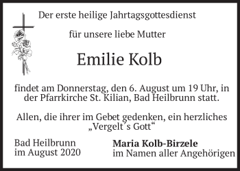 Todesanzeige von Emilie Kolb von merkurtz