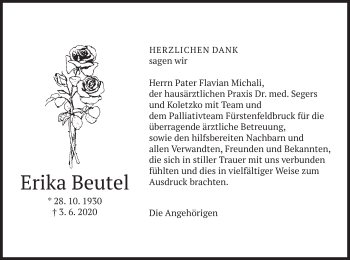 Todesanzeige von Erika Beutel von merkurtz