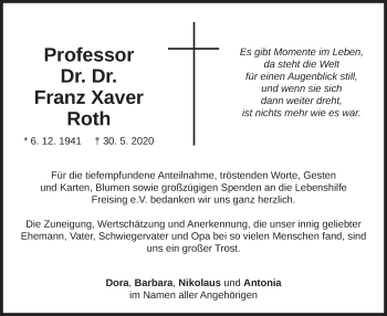 Todesanzeige von Franz Xaver Roth von merkurtz