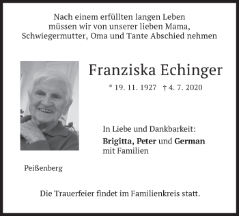 Todesanzeige von Franziska Echinger von merkurtz
