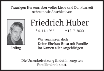 Todesanzeige von Friedrich Huber von merkurtz