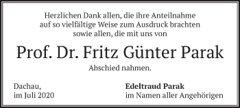 Todesanzeige von Fritz Günter Parak von merkurtz