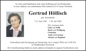 Todesanzeige von Gertrud Höllisch von merkurtz