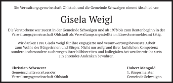 Todesanzeige von Gisela Weigl von merkurtz