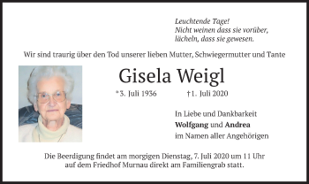 Todesanzeige von Gisela Weigl von merkurtz