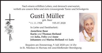 Todesanzeige von Gusti Müller von merkurtz