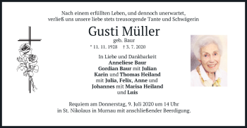 Todesanzeige von Gusti Müller von merkurtz
