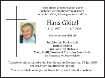 Todesanzeige von Hans Glötzl von merkurtz