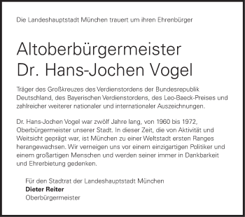 Todesanzeige von Hans-Jochen Vogel von merkurtz