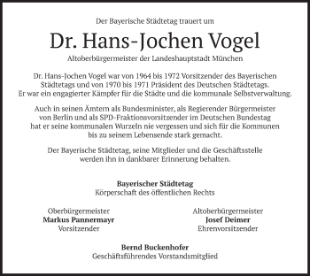 Todesanzeige von Hans-Jochen Vogel von merkurtz