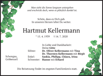 Todesanzeige von Hartmut Kellermann von merkurtz