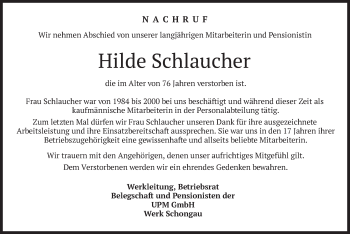 Todesanzeige von Hilde Schlaucher von merkurtz