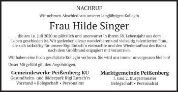 Todesanzeige von Hilde Singer von merkurtz