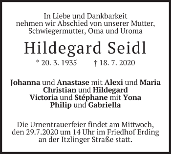 Todesanzeige von Hildegard Seidl von merkurtz
