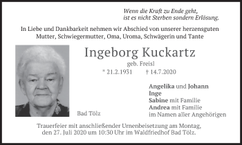Todesanzeige von Ingeborg Kuckartz von merkurtz