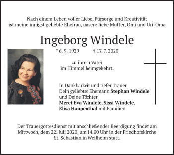 Todesanzeige von Ingeborg Windele von merkurtz