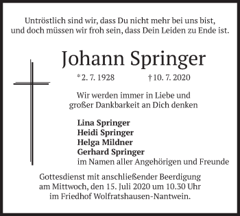 Todesanzeige von Johann Springer von merkurtz