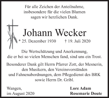 Todesanzeige von Johann Wecker von merkurtz
