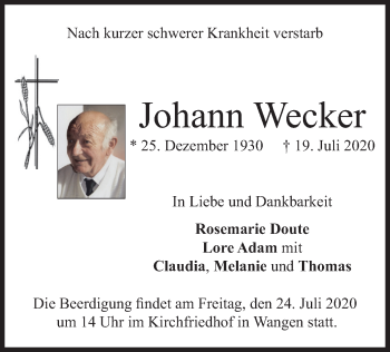 Todesanzeige von Johann Wecker von merkurtz