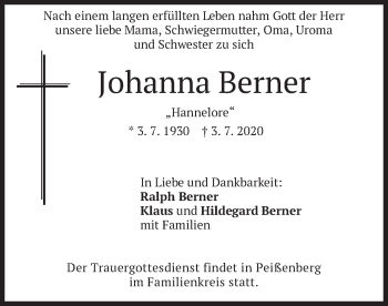 Todesanzeige von Johanna Berner von merkurtz