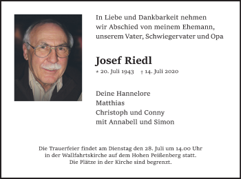 Todesanzeige von Josef Riedl von merkurtz