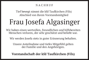Todesanzeige von Josefa Algasinger von merkurtz