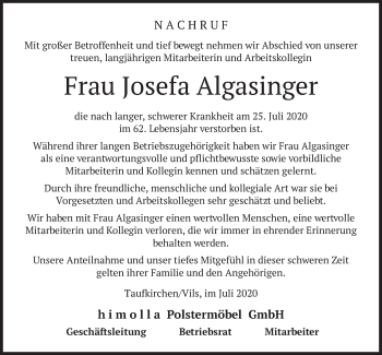 Todesanzeige von Josefa Algasinger von merkurtz